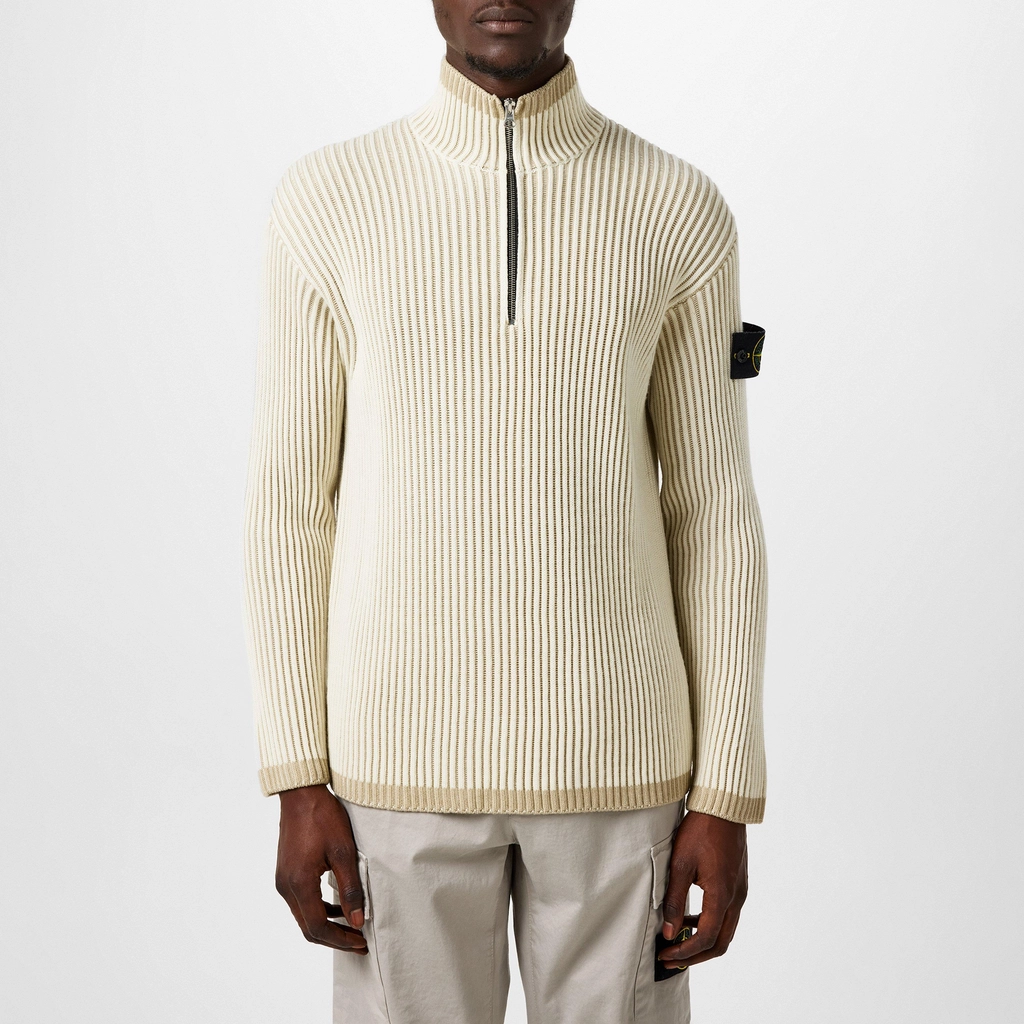 Stone Island Badge Knit Quarter Zip Sweater - Natural V0099